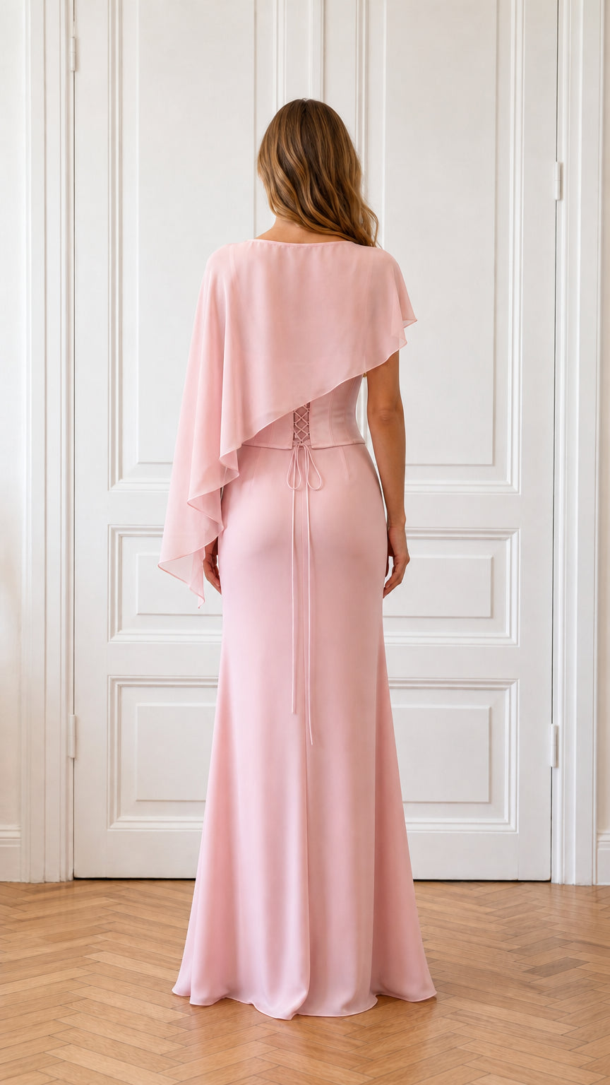 Back view of pink evening dress showing lace-up detail