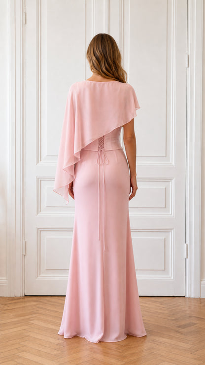 Back view of pink evening dress showing lace-up detail