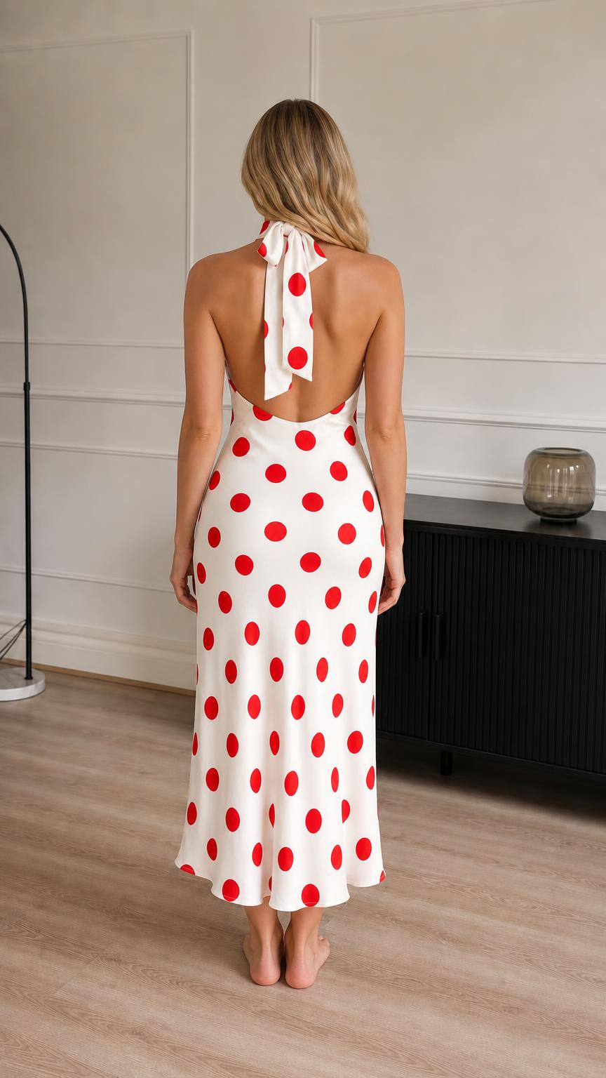 Back view of model showing neck tie detail on white polka dot dress
