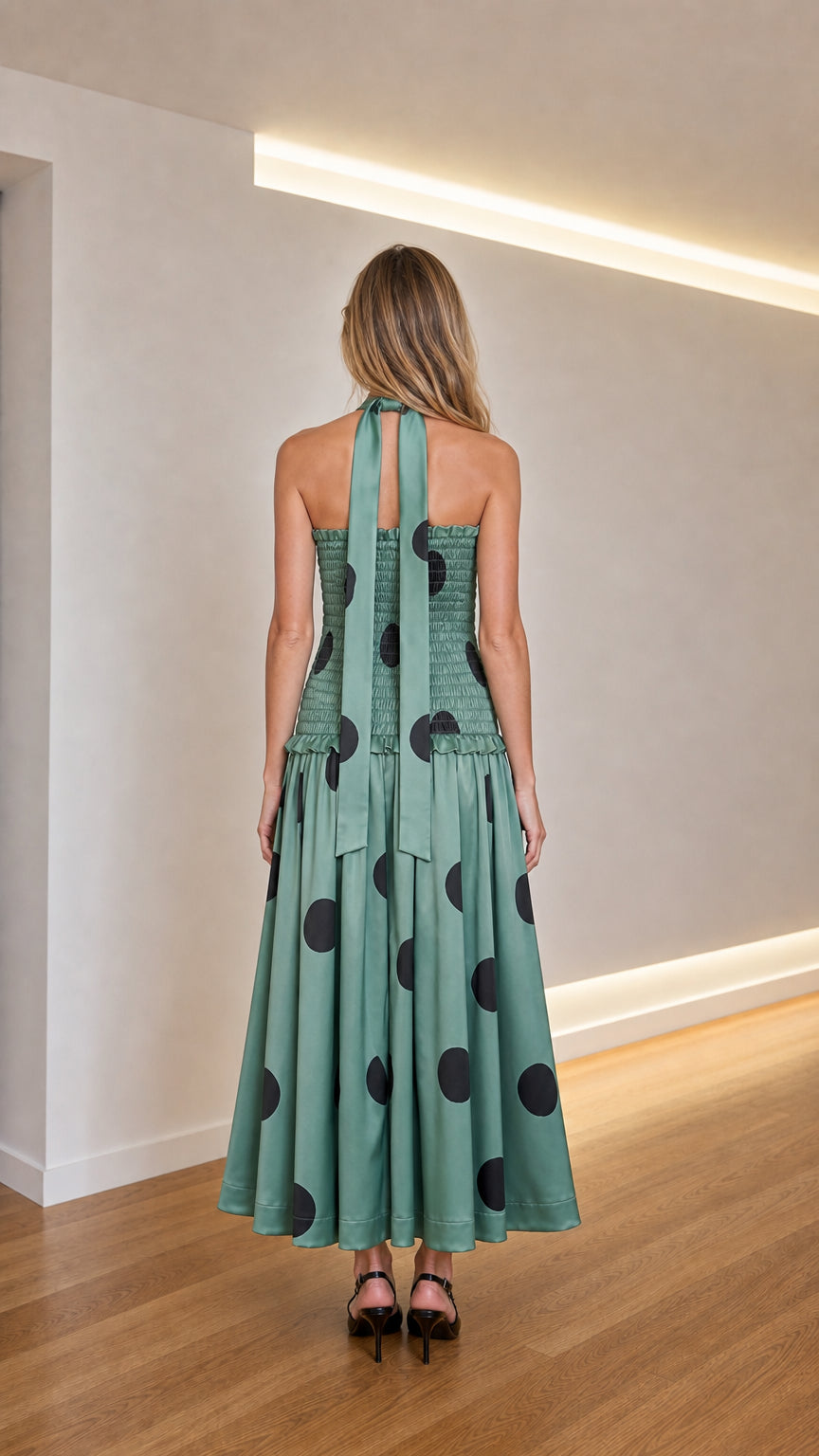 Back view showcasing tie detail of sage green midi dress