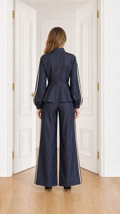 Back view of model wearing Navy Blue peplum top and wide-leg track pants set
