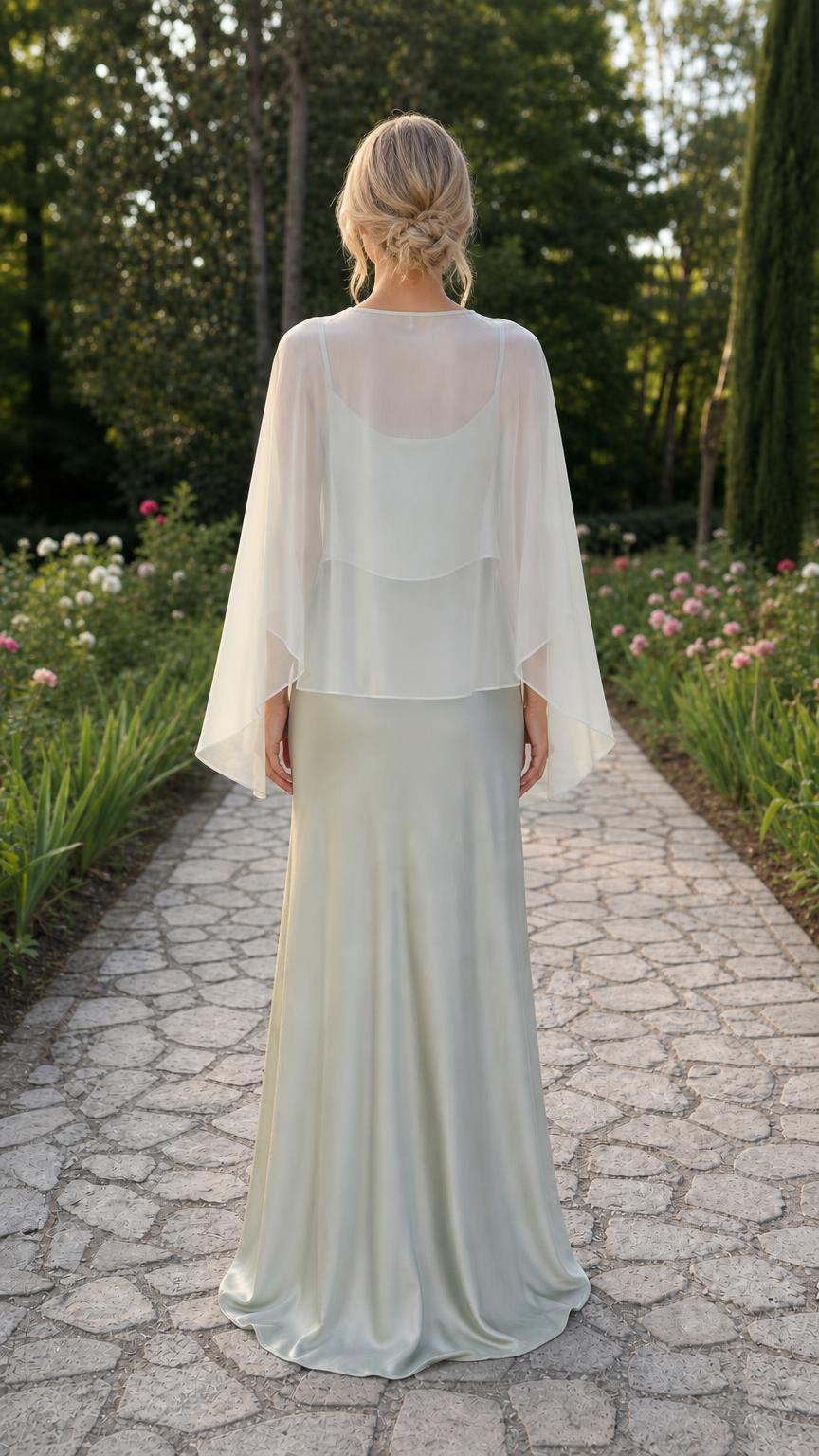 Back view of model wearing sage green capelet evening dress