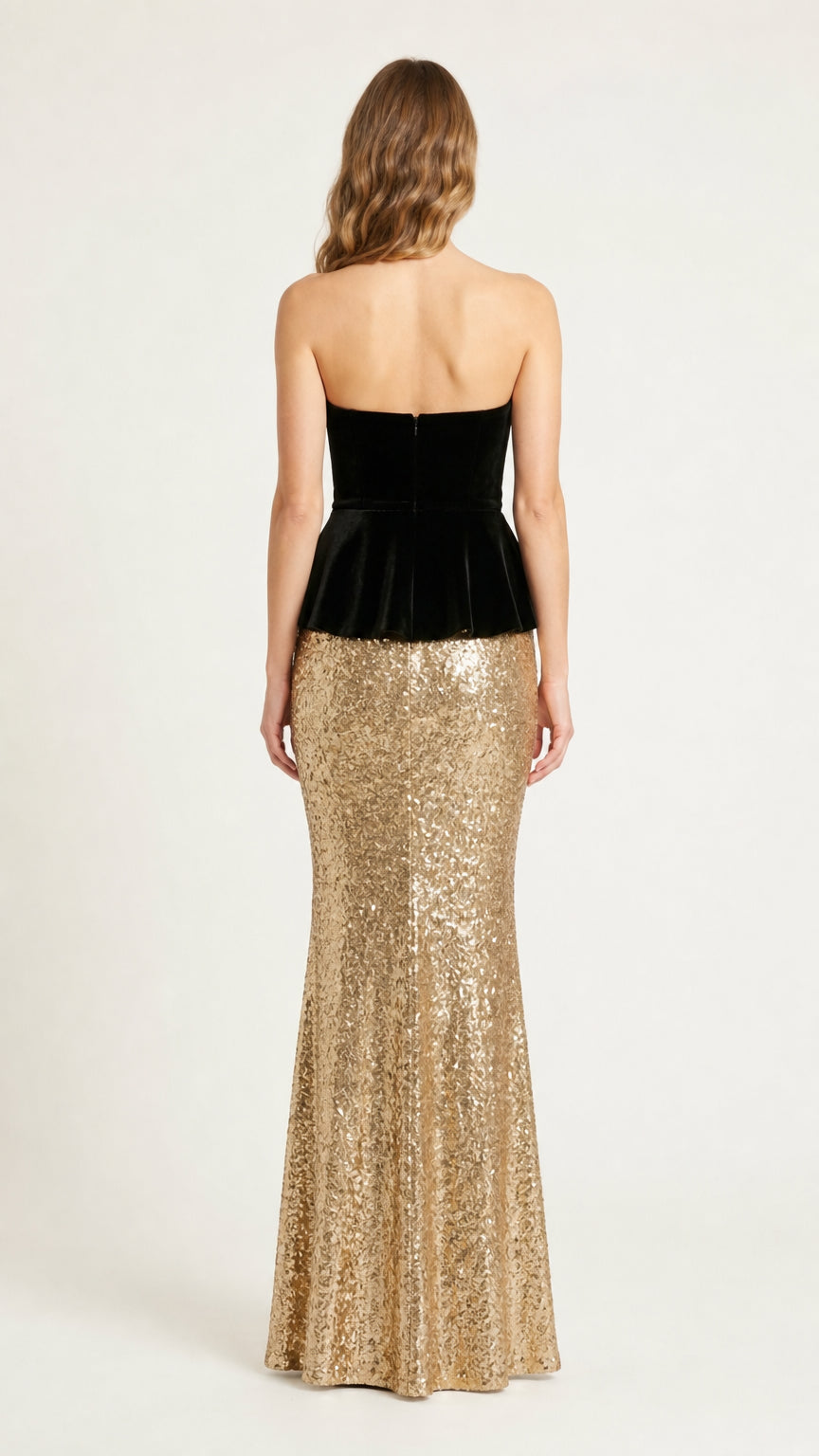 Back view of formal velvet and sequin gown