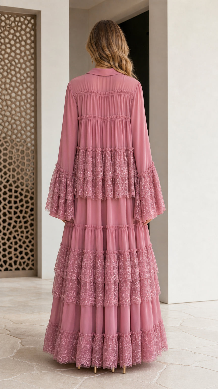 Dusty Rose tiered long sleeve dress back view