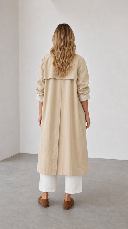 Back view of woman wearing long beige trench coat