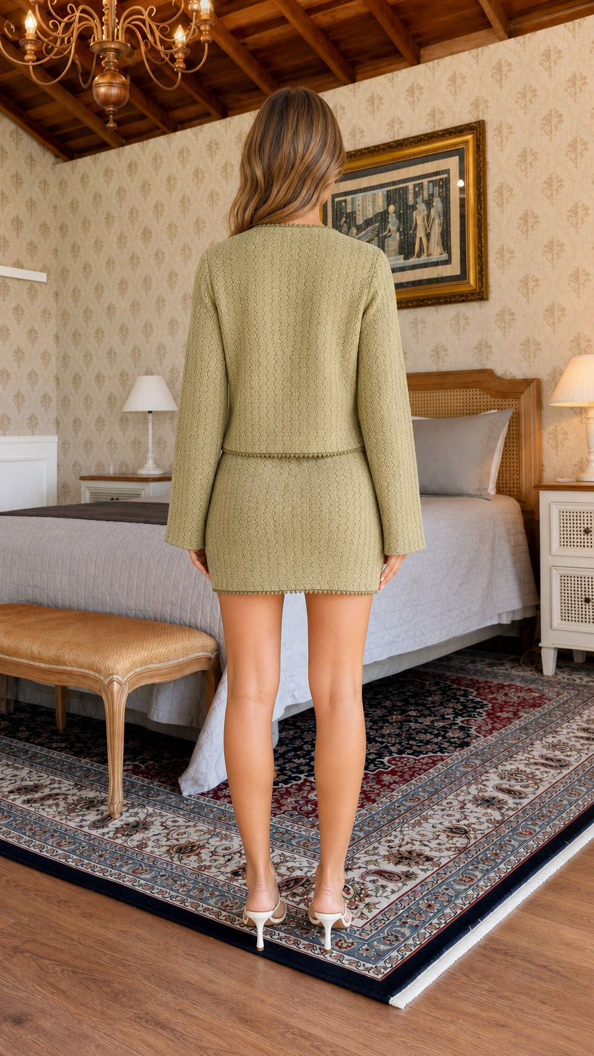 Back view of model in sage green knit set