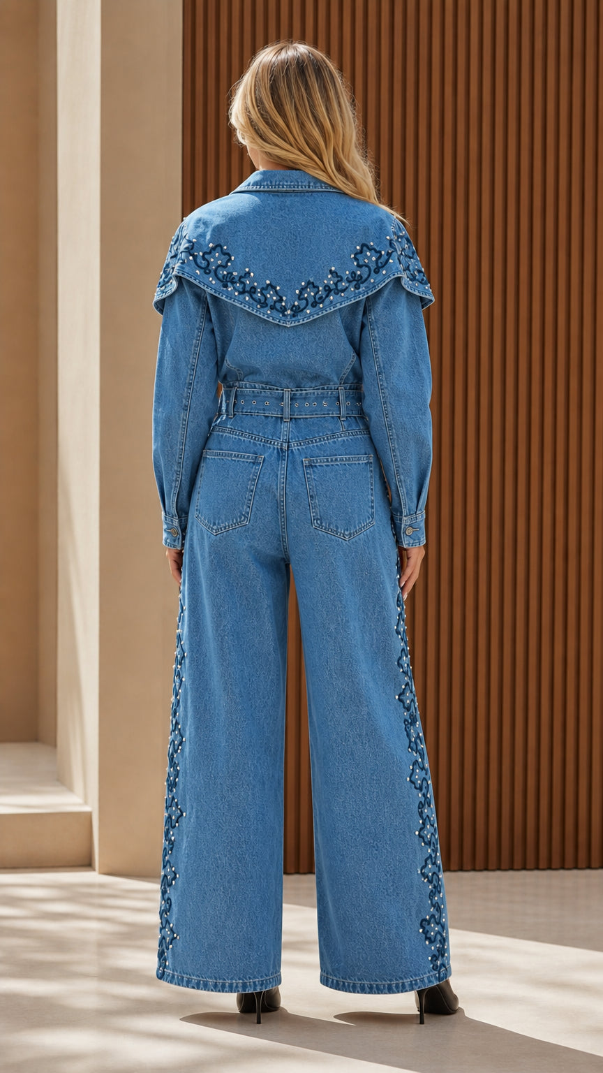 Back view of model in blue denim jumpsuit