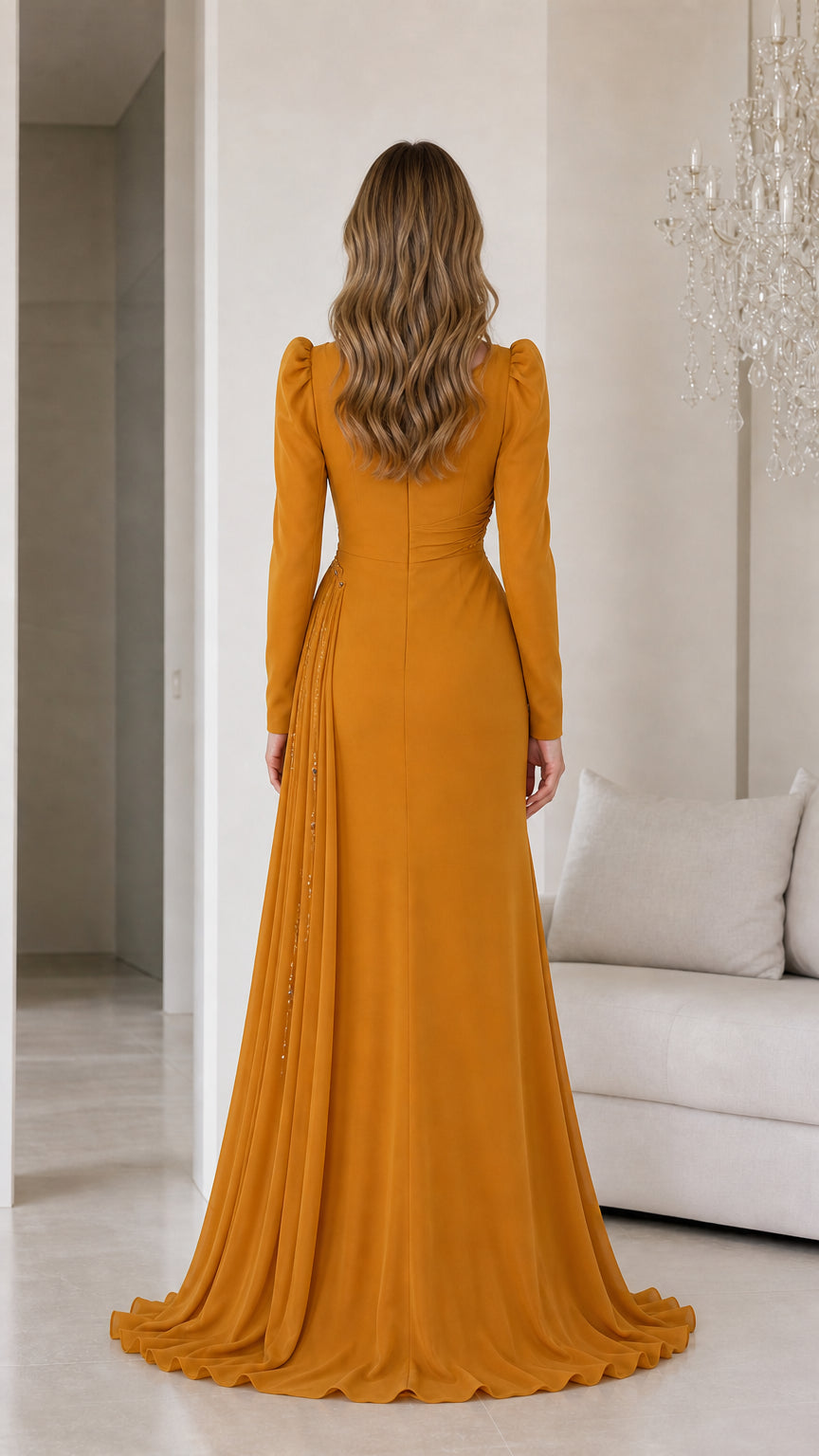 Back view of mustard yellow formal gown with pleated drape