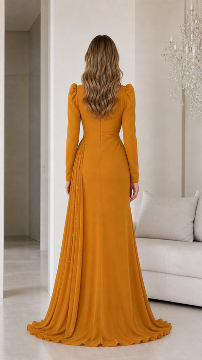 Back view of mustard yellow formal gown with pleated drape