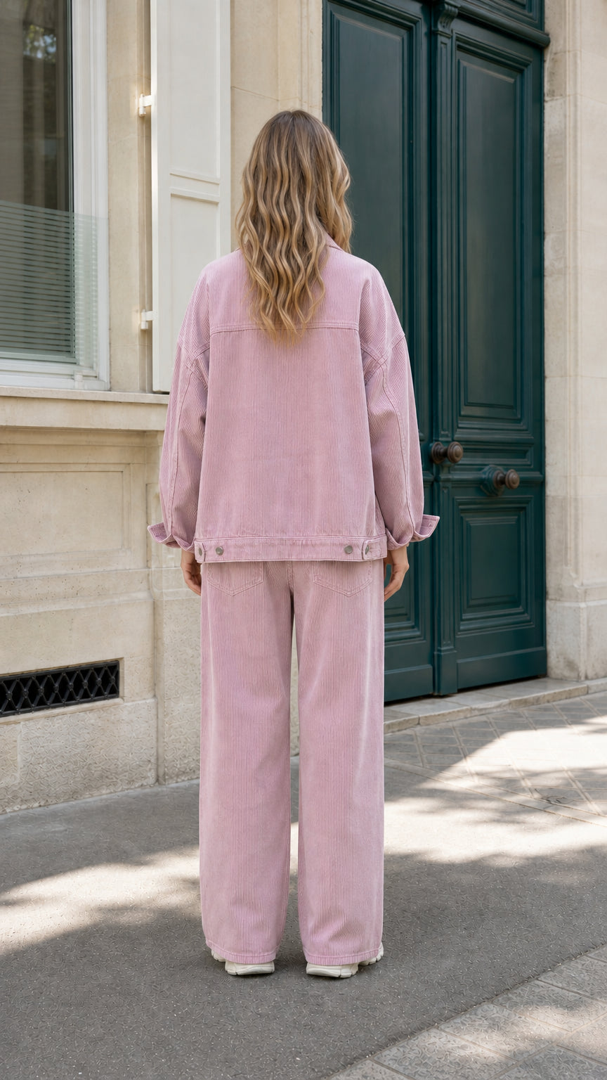 Back view of model wearing Dusty Pink oversized corduroy two-piece set