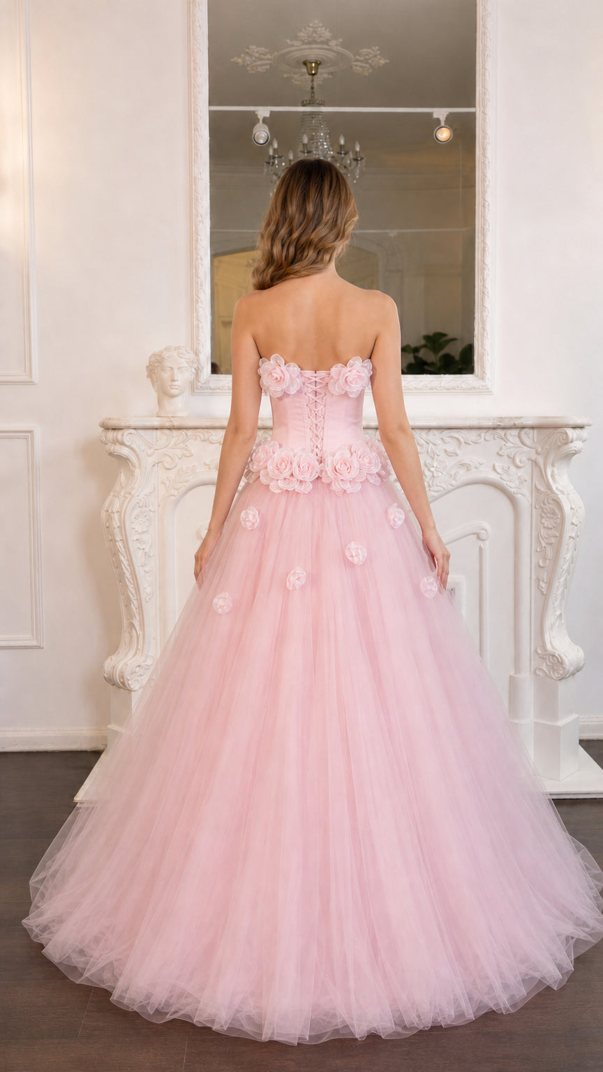 Back view showcasing the lace-up corset detail and tulle skirt