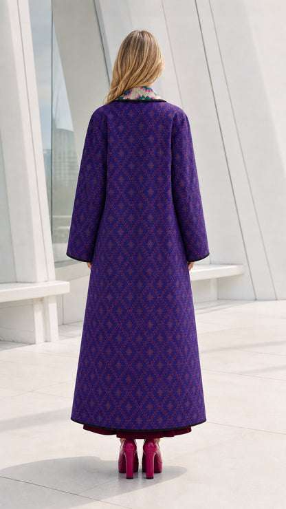 Back view of model in purple long coat
