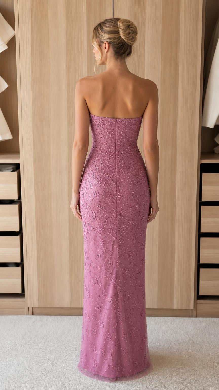 Back view of model in mauve evening gown