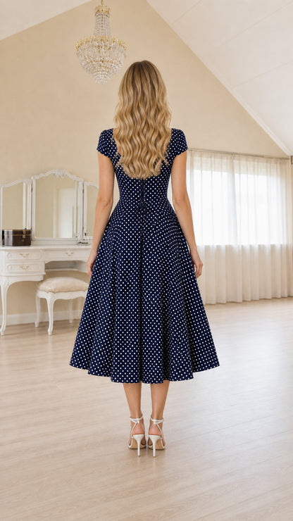 Model wearing Navy polka dot midi dress, back view