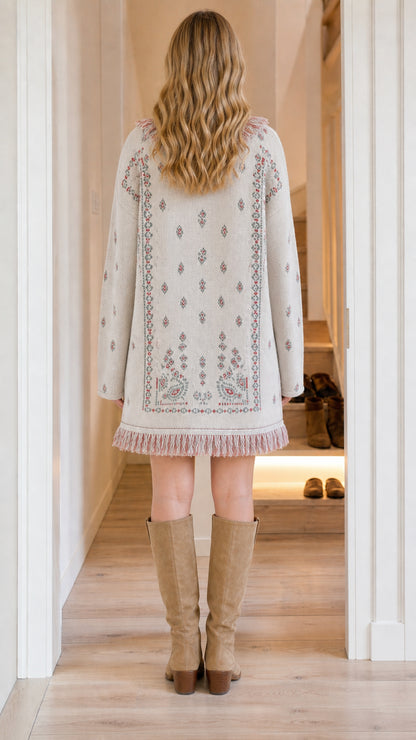 Back view of woman wearing cream boho jacquard knit cardigan showing detailed pattern and fringe hem