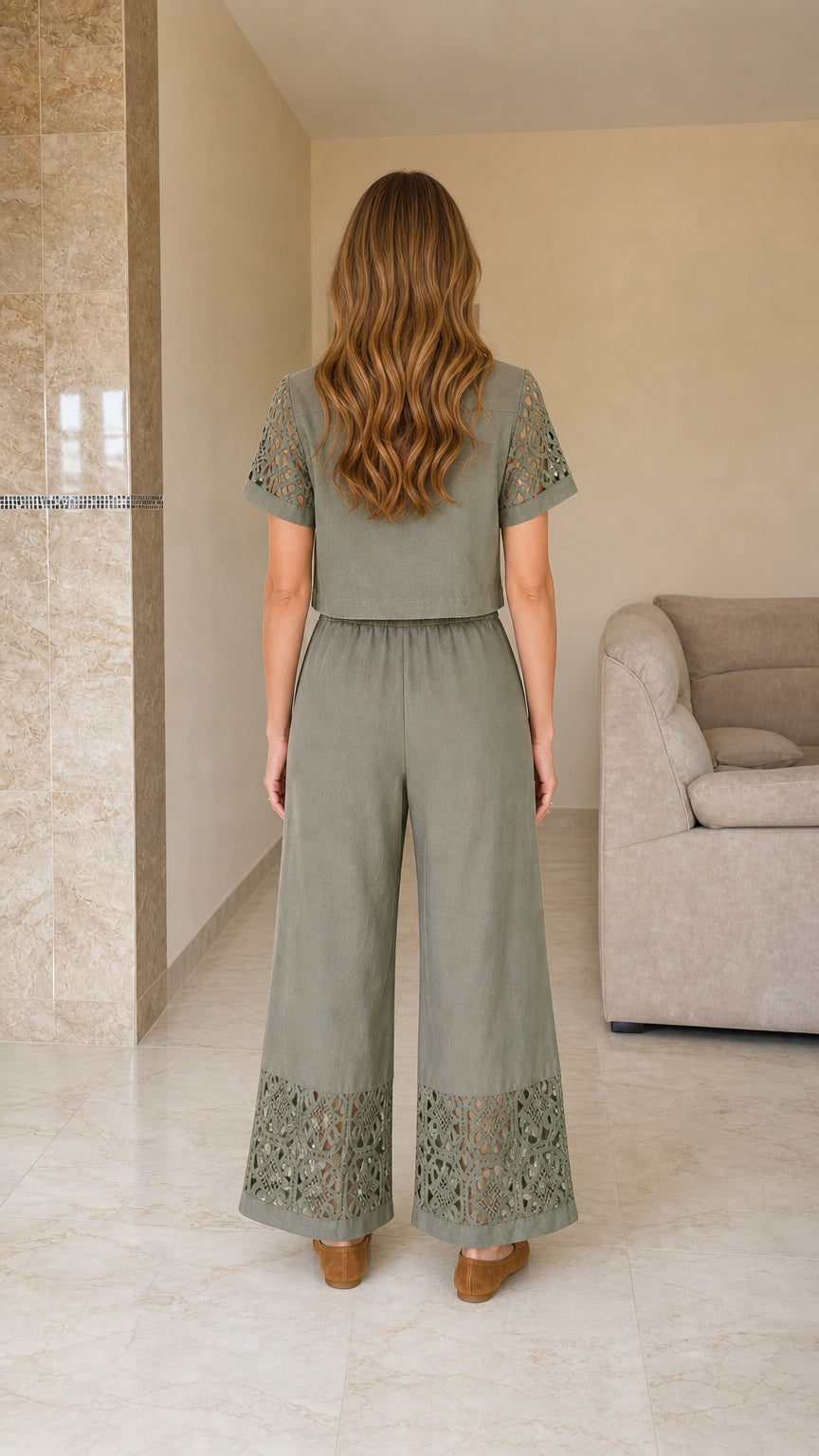 Sage green coordinated pants set shown from the back