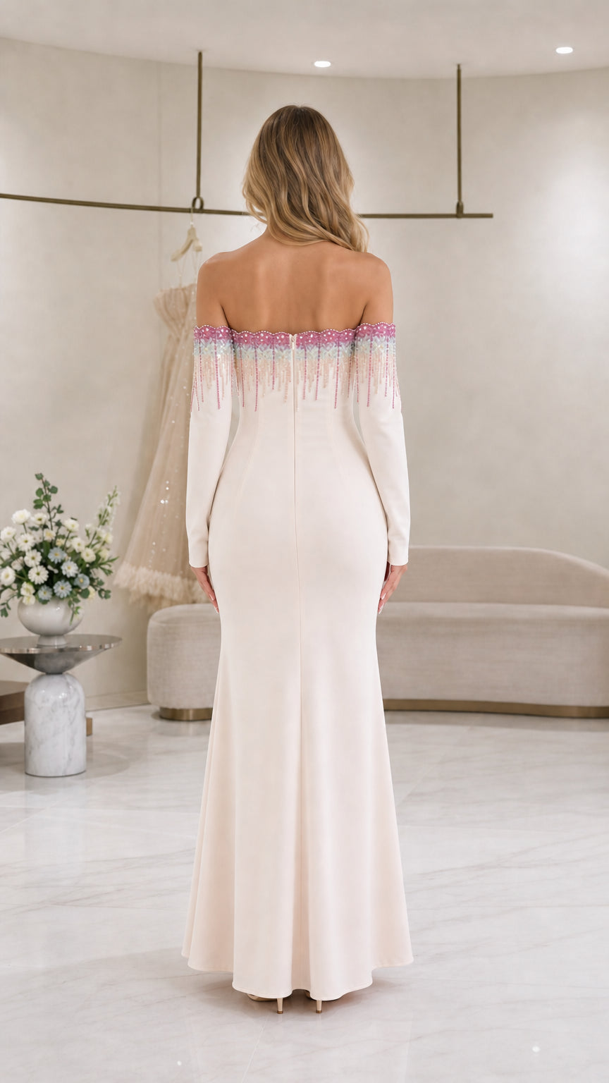 Ivory off-the-shoulder formal maxi gown - back view