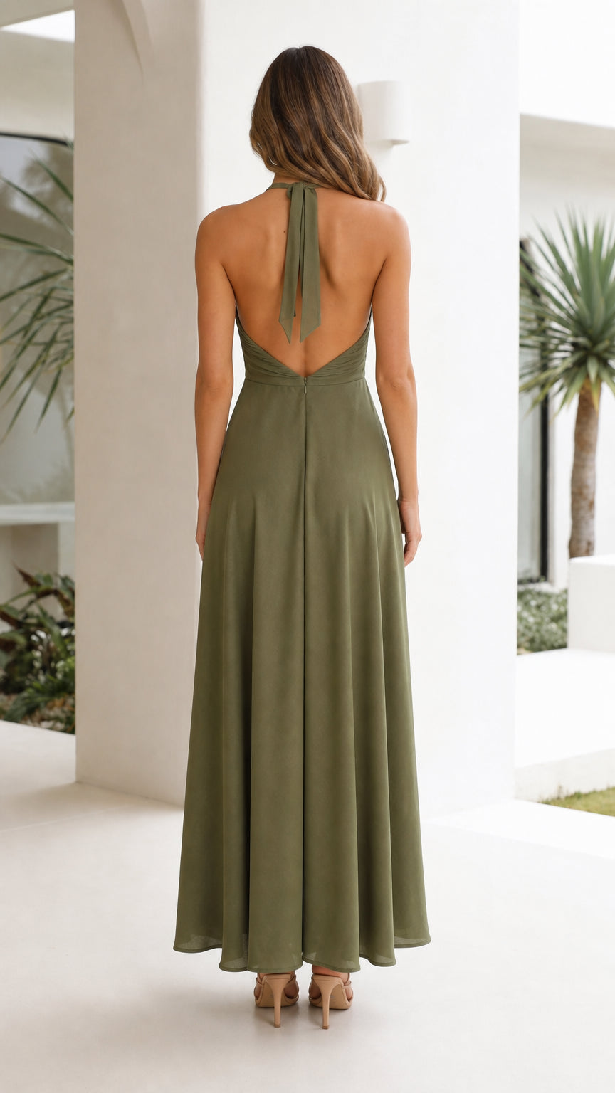 Elegance Halter Pleated Maxi Dress in Olive back view
