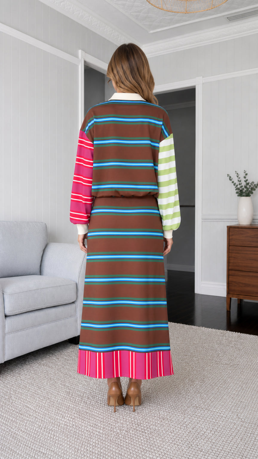 Back view of woman wearing brown colorblock striped set