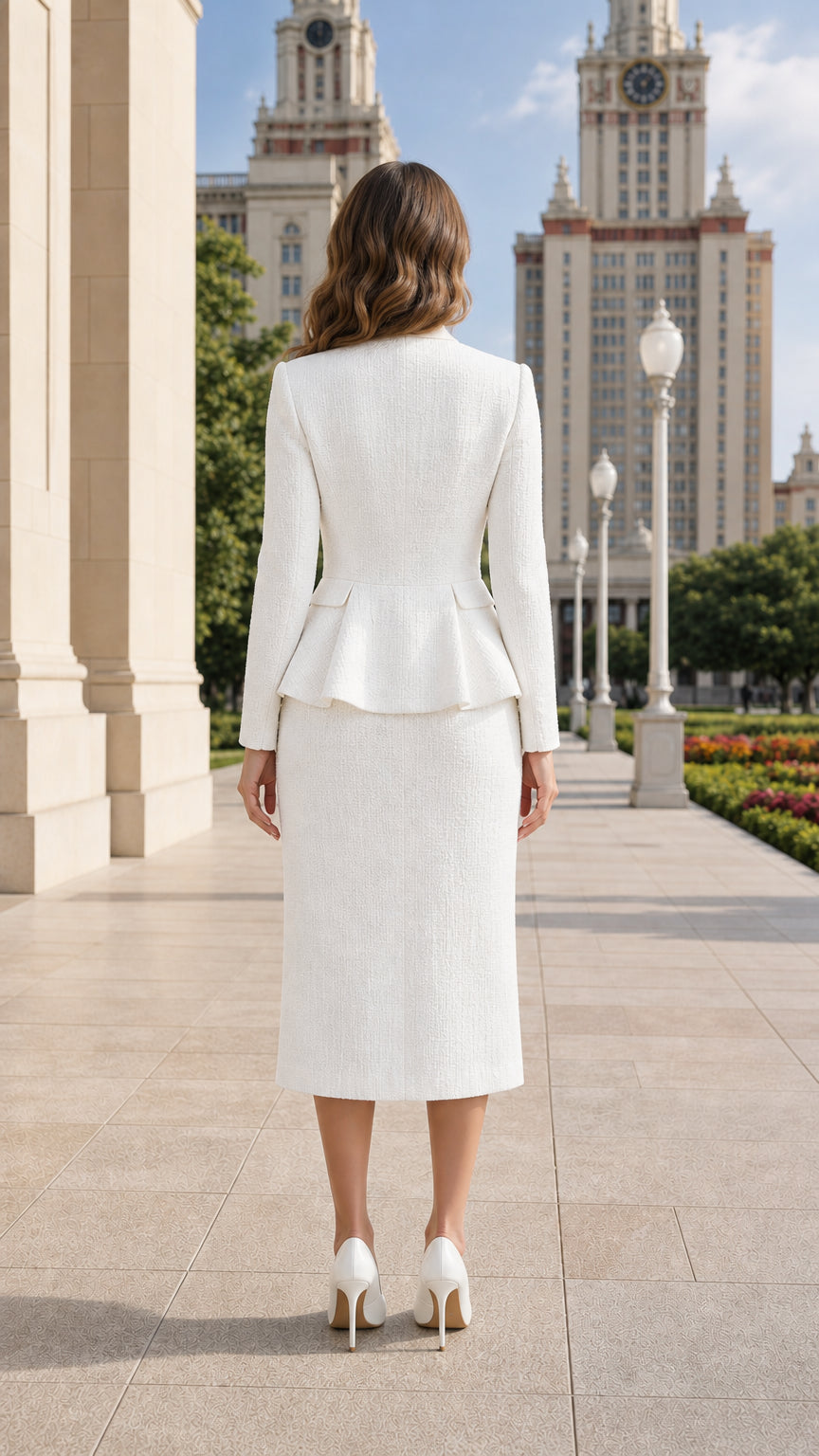 Back view of tailored white peplum blazer and matching pencil skirt