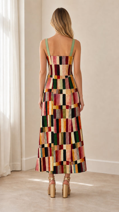 Back view of woman in sleeveless geometric colorblock maxi dress showing square back design