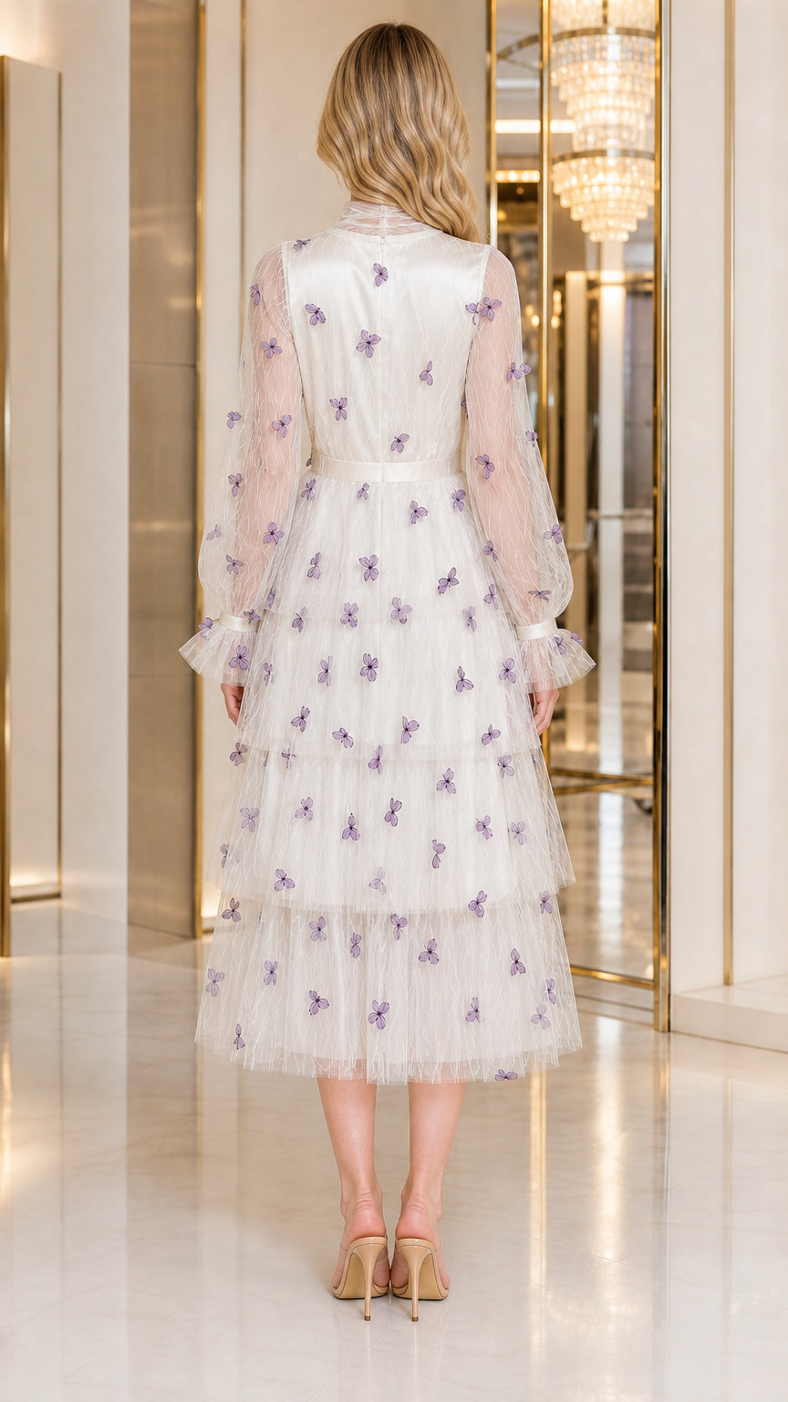 Back view of ivory white long sleeve butterfly applique tulle midi dress