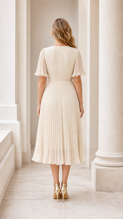 Back view of the champagne pleated midi dress