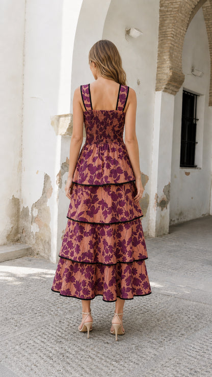 Back view of model showing smocked bodice detail