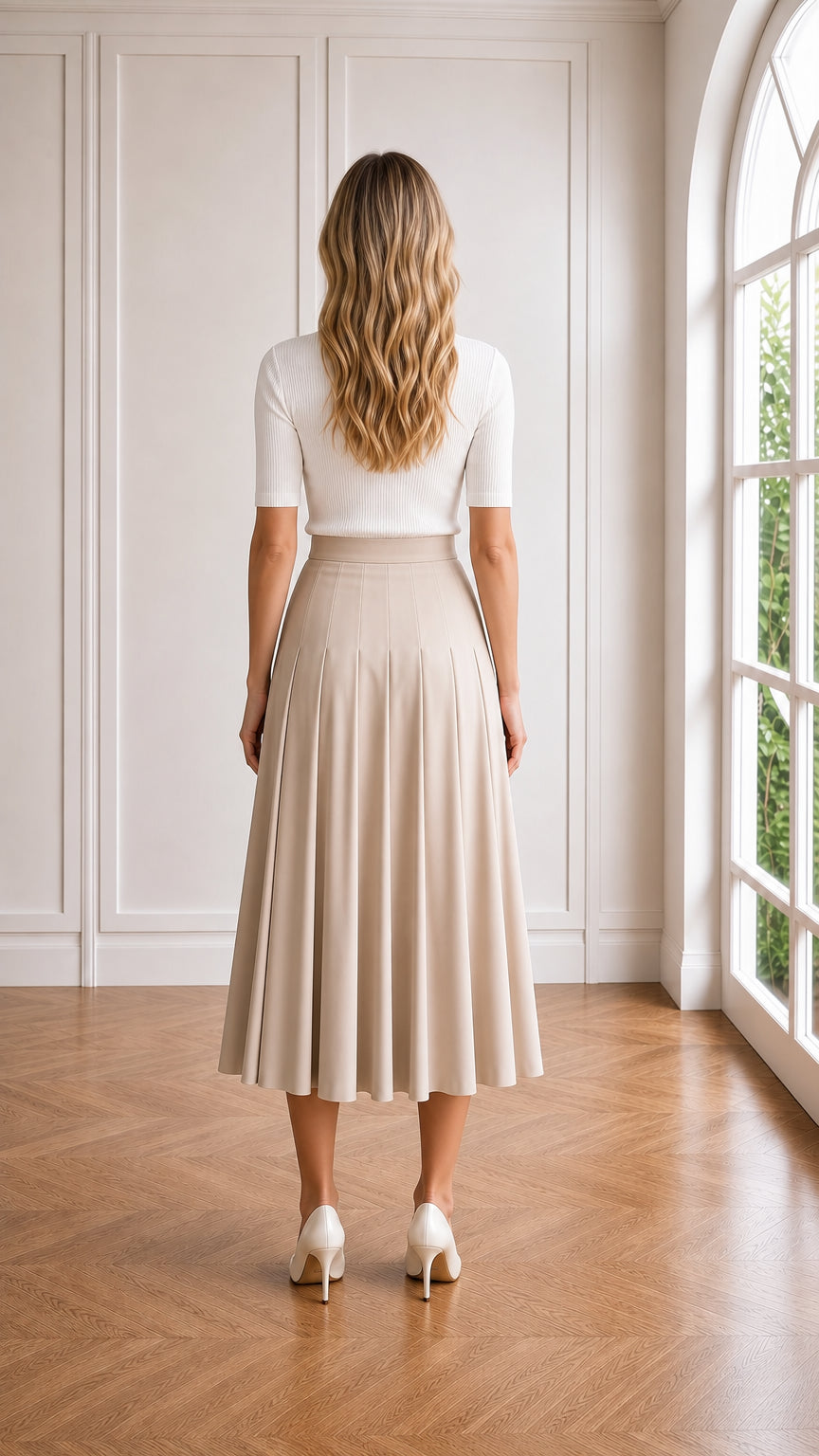 Back view of model wearing beige high-waisted pleated midi skirt