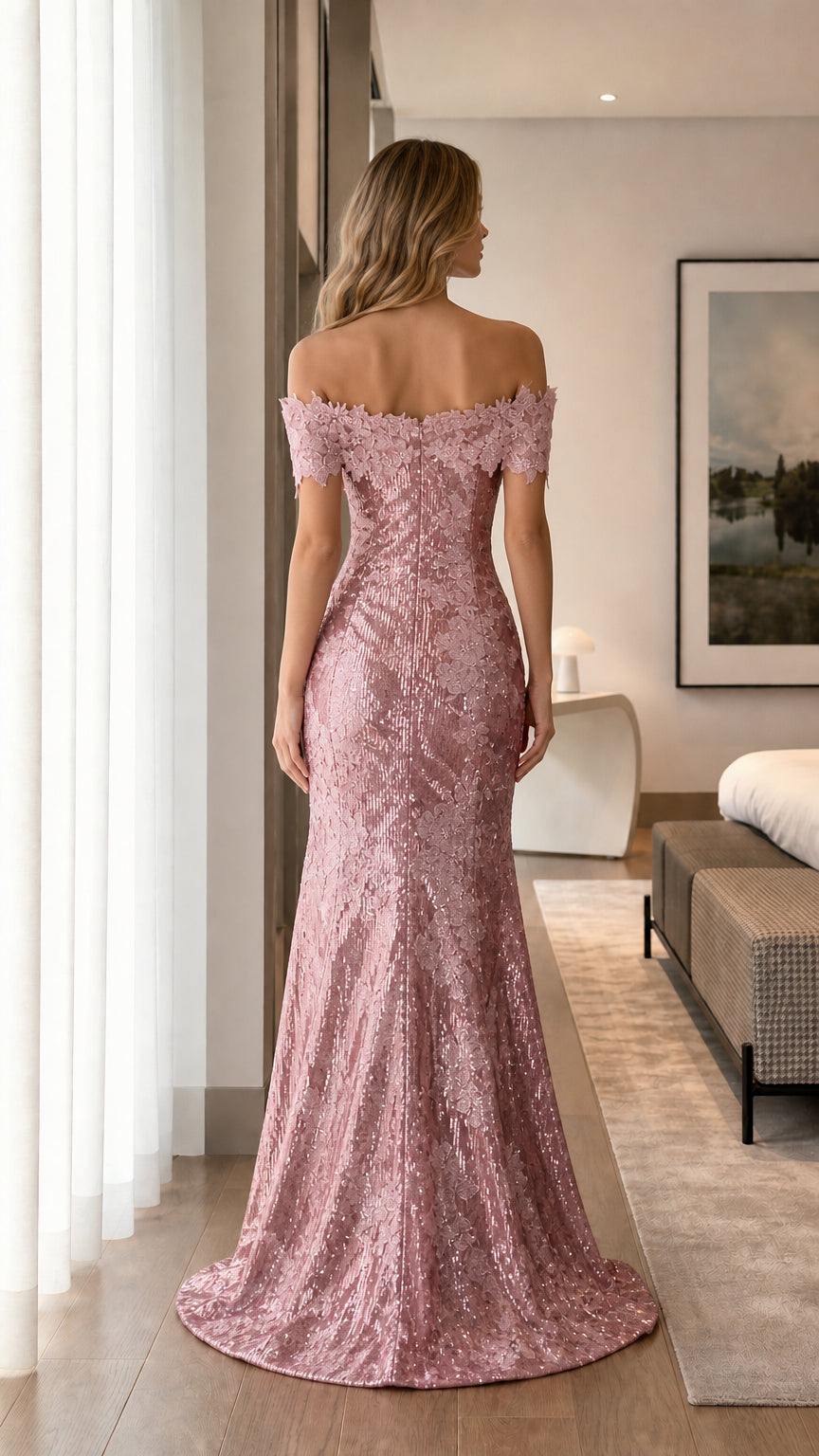 Back view of pink formal gown with subtle train