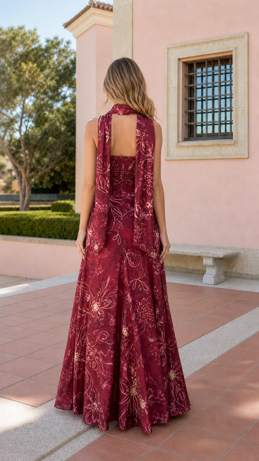 Back view of burgundy floral maxi dress showing smocked detailing