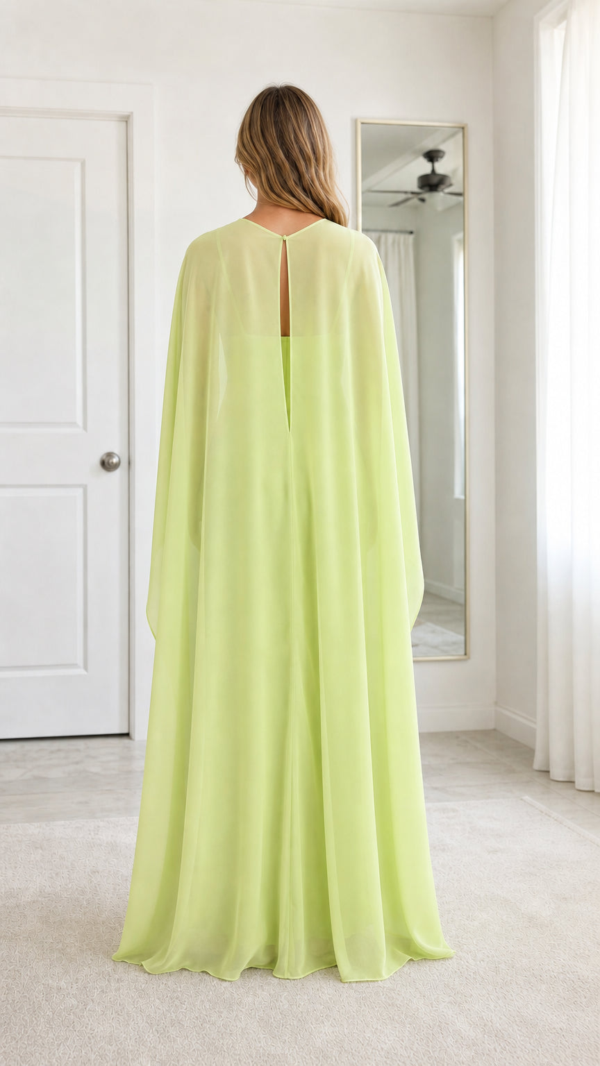 Back view of Lime Green evening gown showing cape split detail