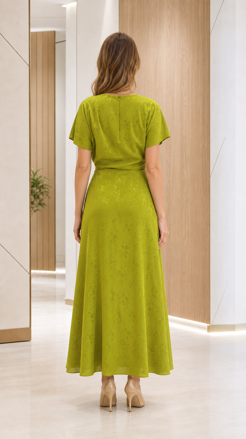 Back view of chartreuse green short sleeve floral jacquard maxi dress