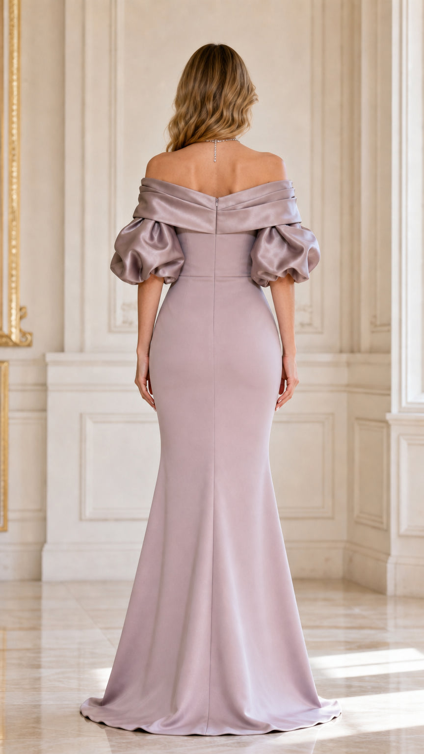 Back view showing mermaid train on lavender gown