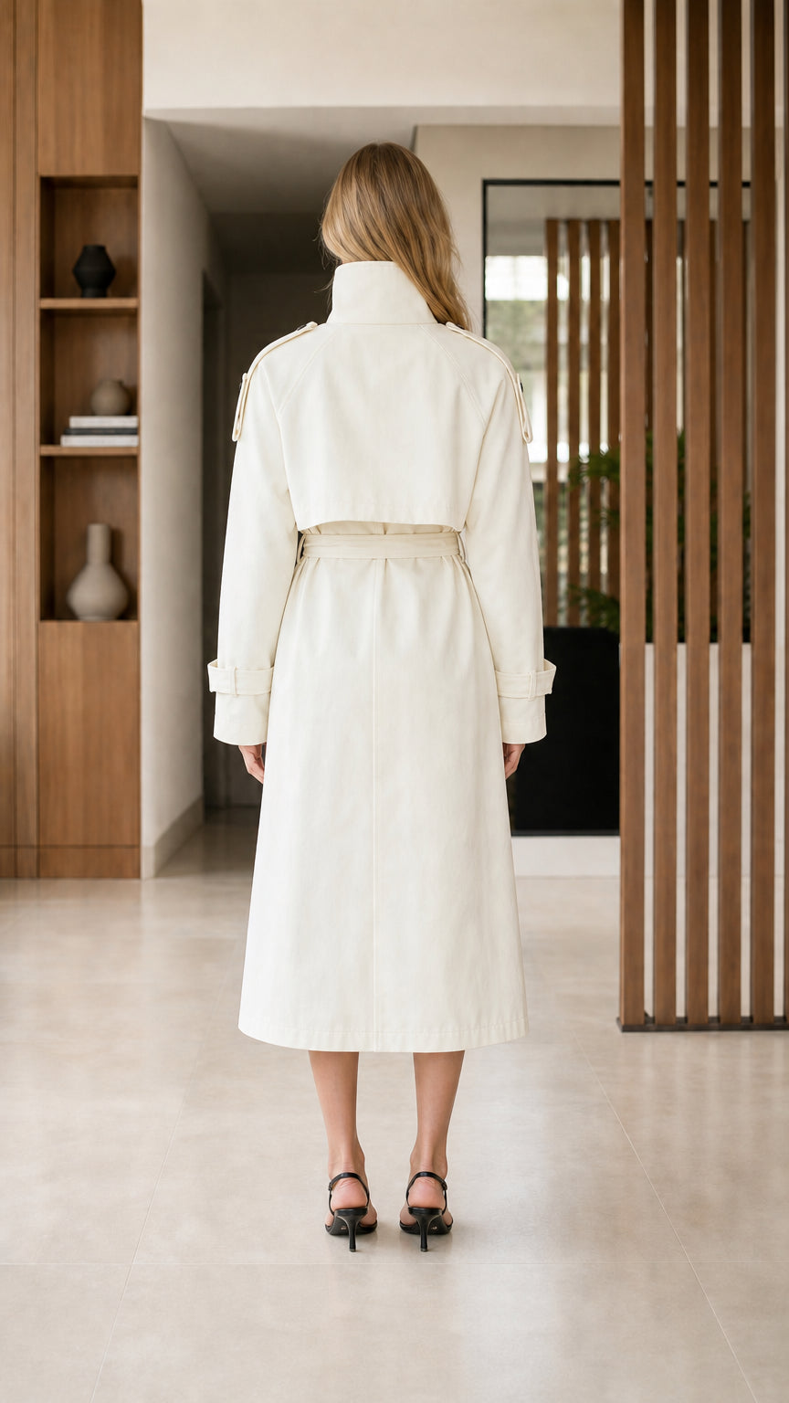 Back full-length view of Cream long trench coat showing waist belt and storm flap