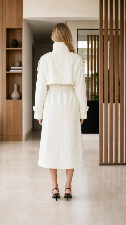 Back full-length view of Cream long trench coat showing waist belt and storm flap