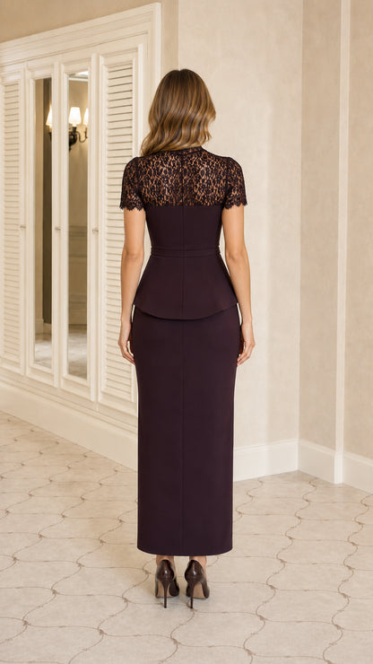 Back view of model in Eggplant illusion lace back maxi dress