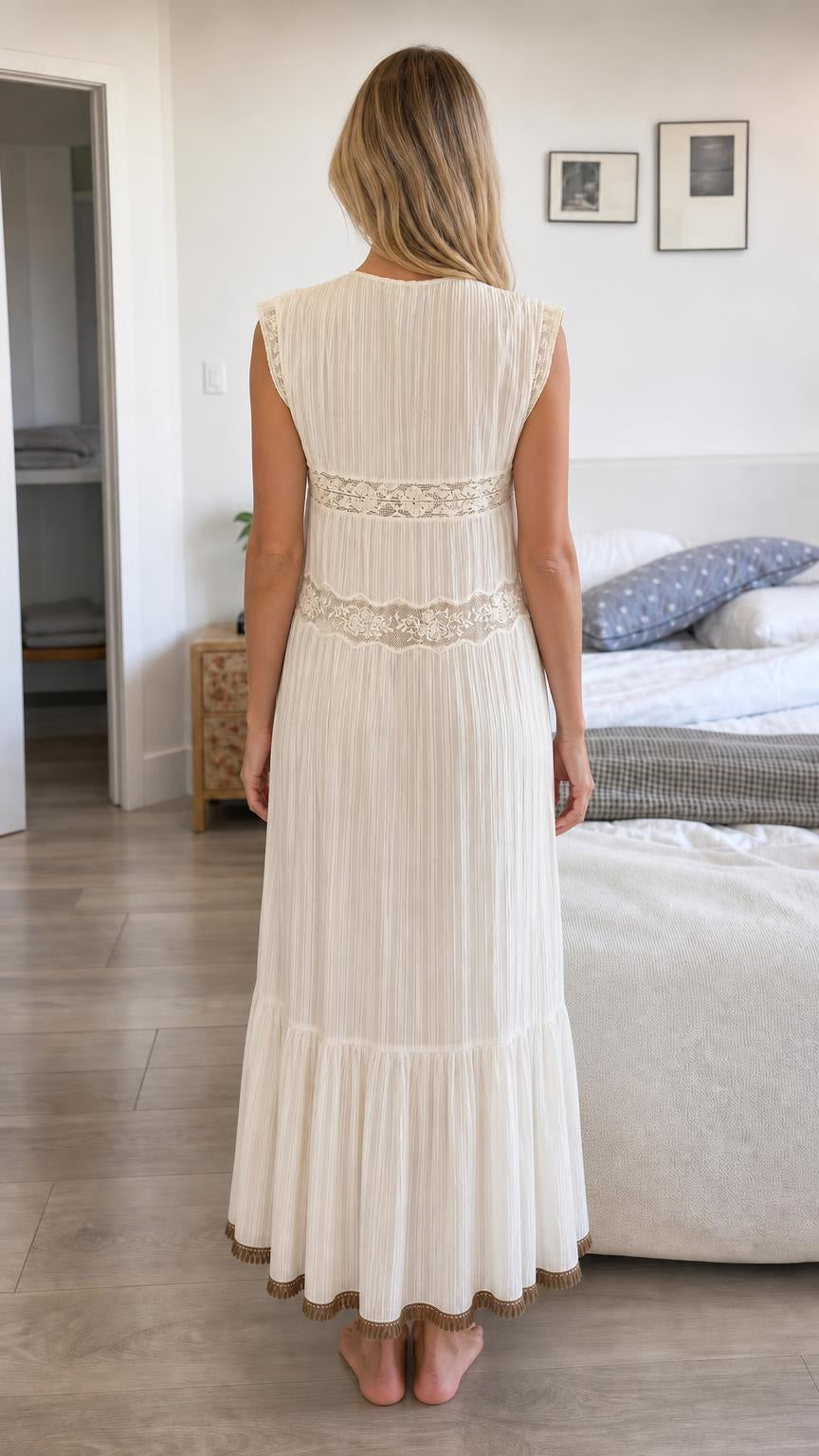 Back view of Cream Bohemian Lace Trim Pleated Maxi Dress