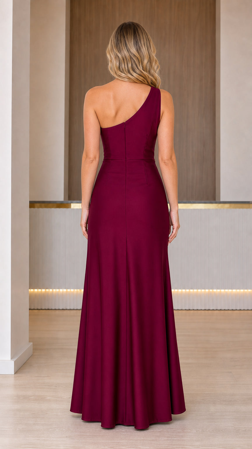 Back view of burgundy maxi dress