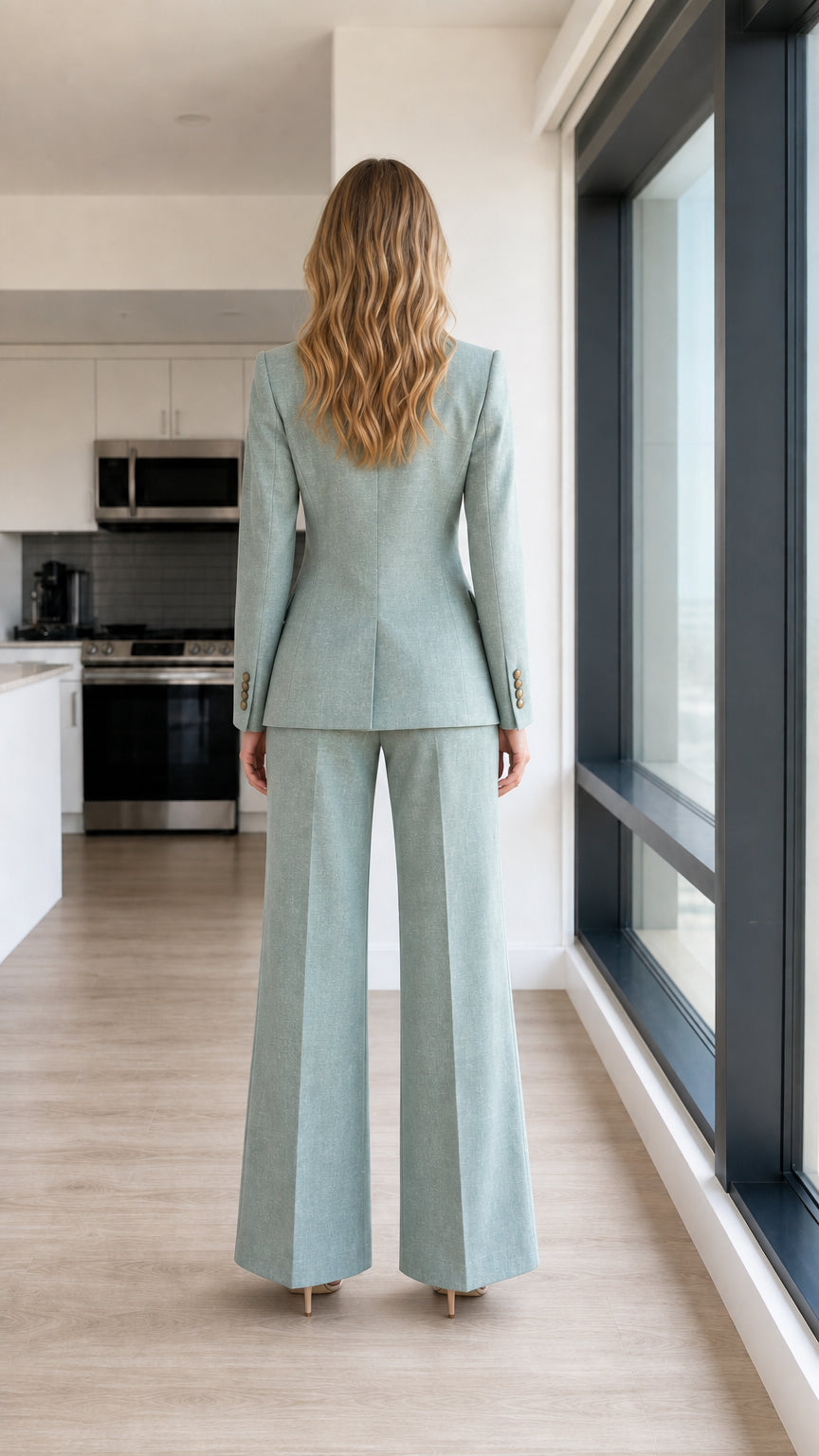 Back view of woman wearing sage green tailored suit