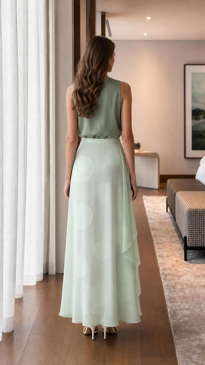 Model in sage green set back view