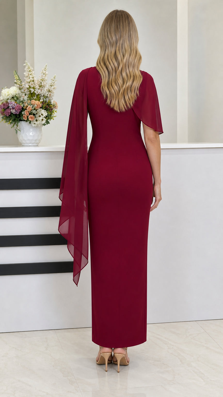 Back view of burgundy floor-length gown