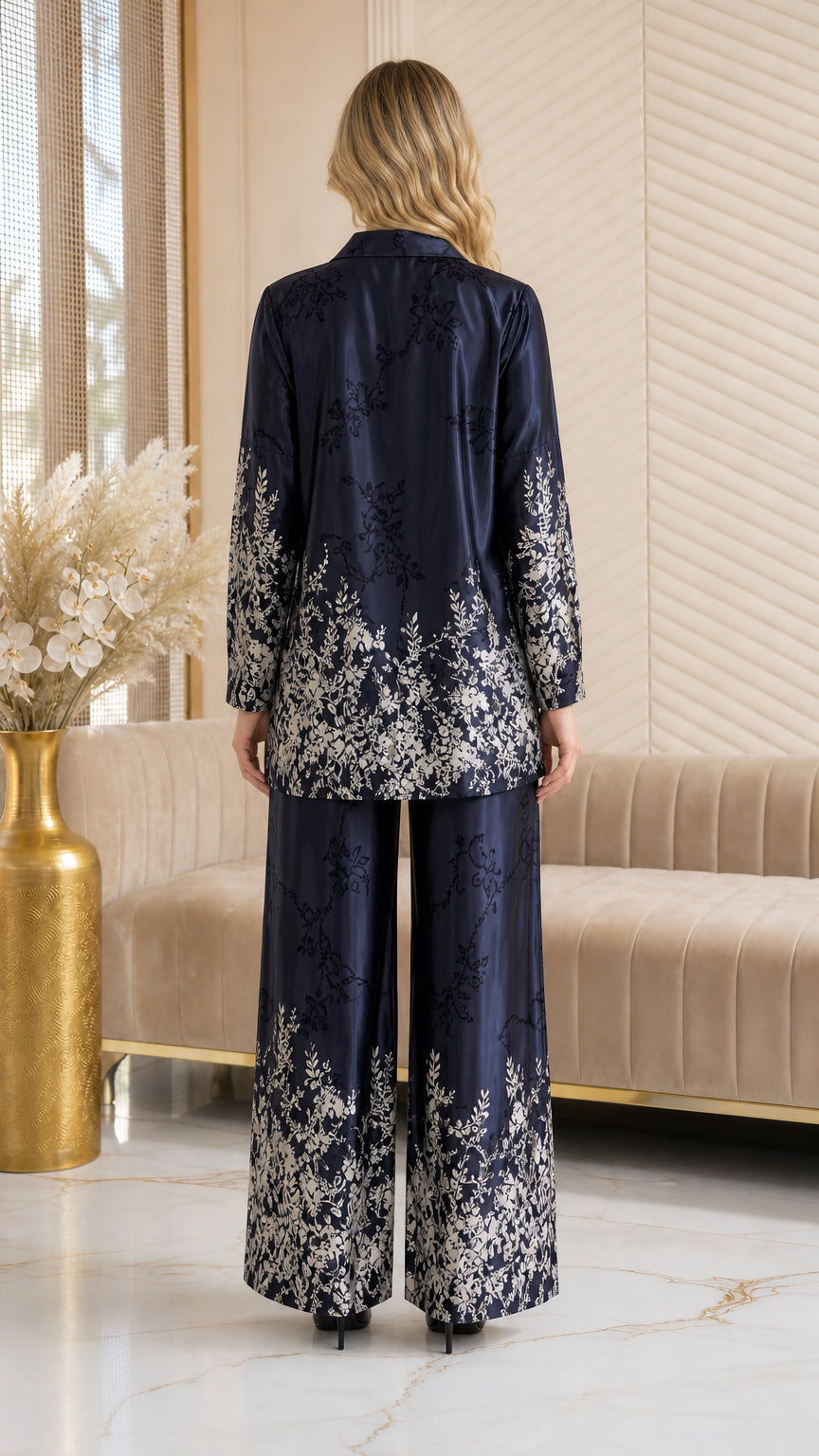 Back view of model showcasing the fluid drape of the Navy Blue satin floral loungewear set