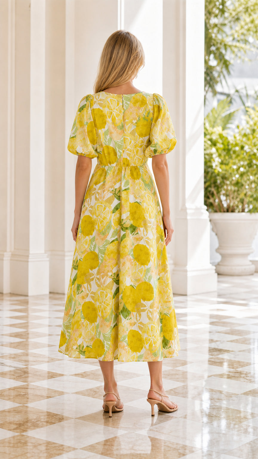Back view of model in yellow citrus floral midi dress