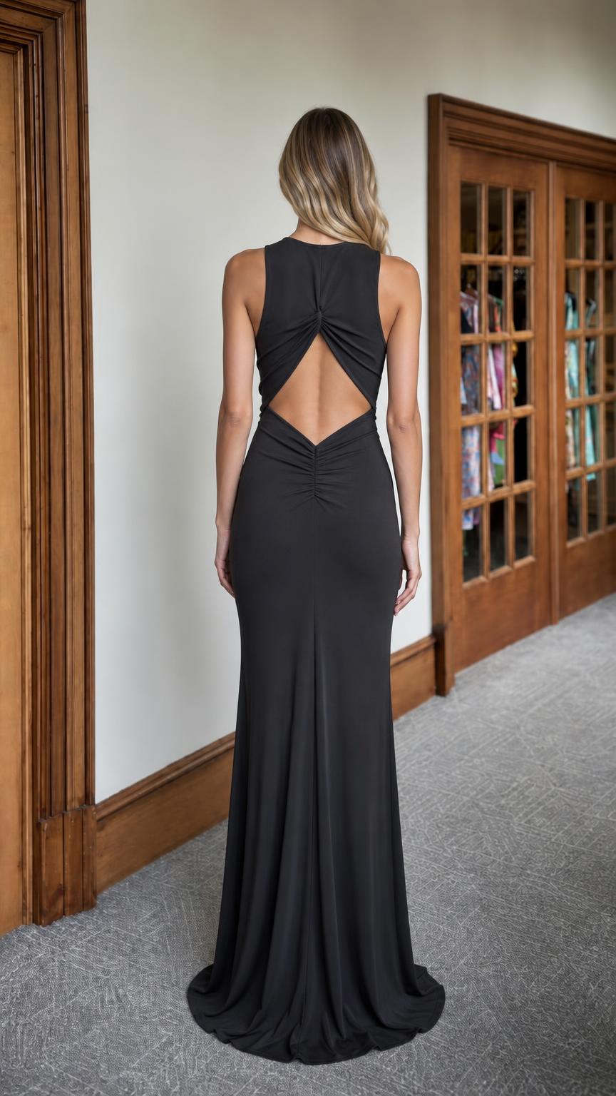 Back view of black maxi dress showing cutout and strap details
