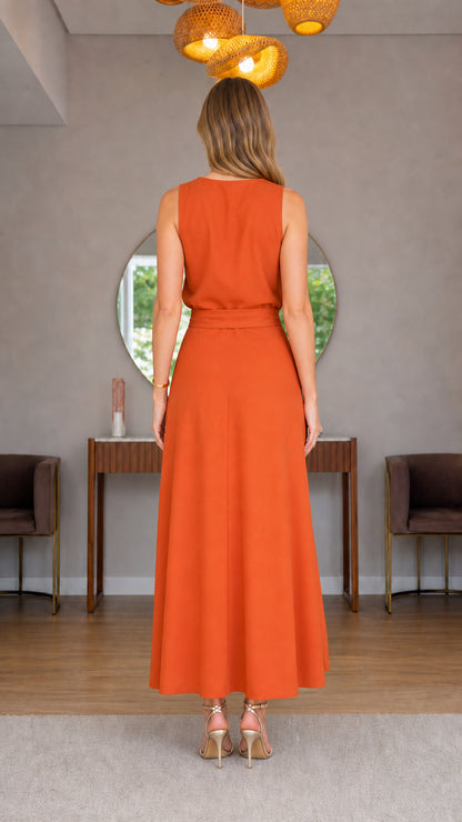 Back view of rust orange maxi dress
