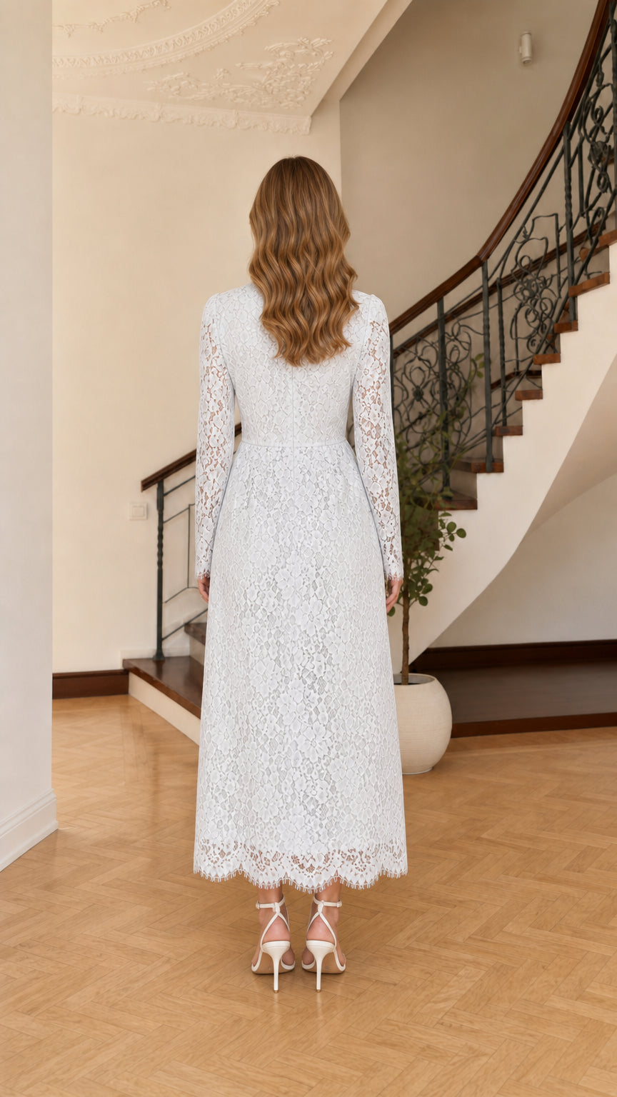 Ice blue floral lace evening gown back view