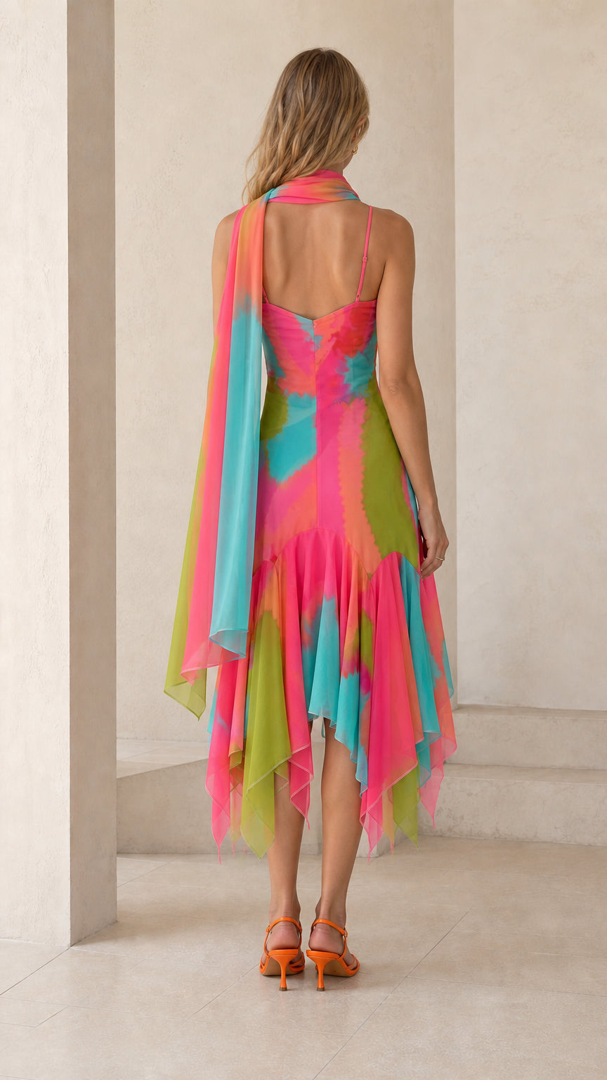 Back view of vibrant multi pink watercolor midi dress