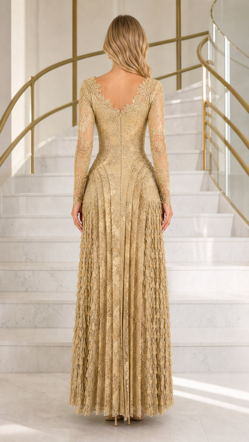 Back view of gold long-sleeve formal lace dress