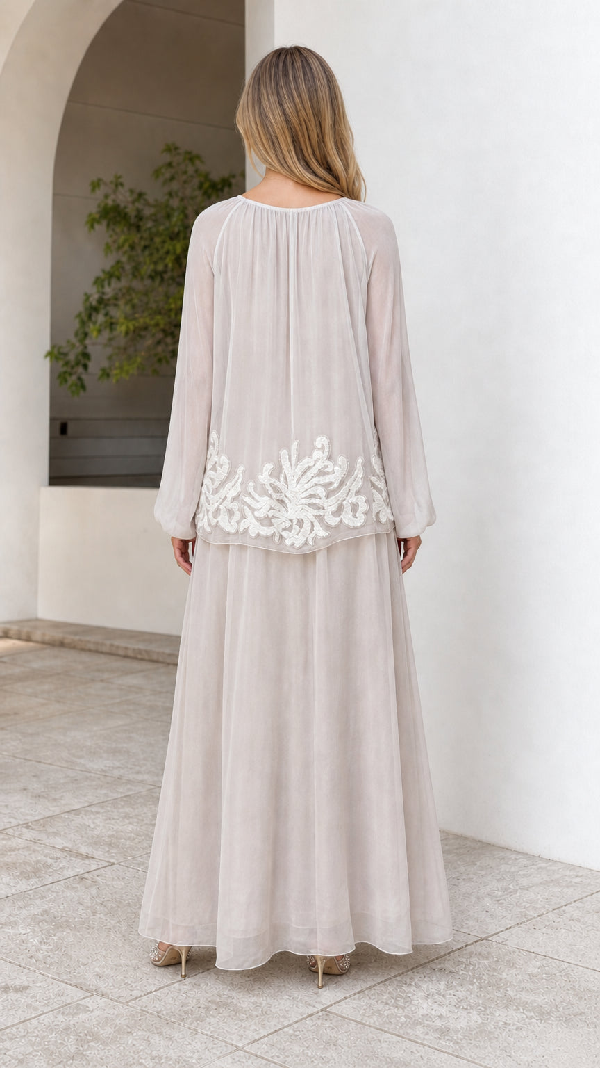 Champagne floor length formal dress back view